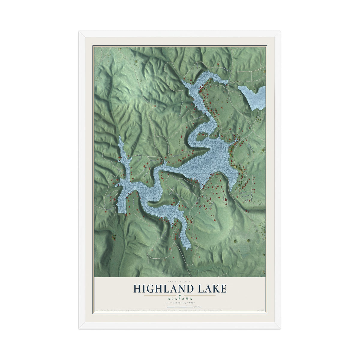 Map of Highland Lake, Alabama, 12 x 18 inch print in a white wood frame