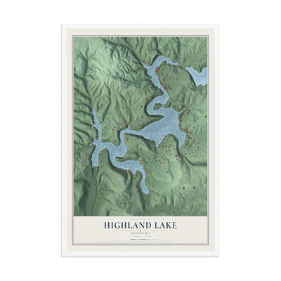 Map of Highland Lake, Alabama, 12 x 18 inch print in a white wood frame