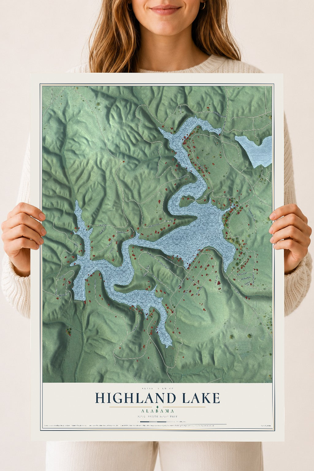Map of Highland Lake, Alabama, 18 x 24 inch unframed archival matte print