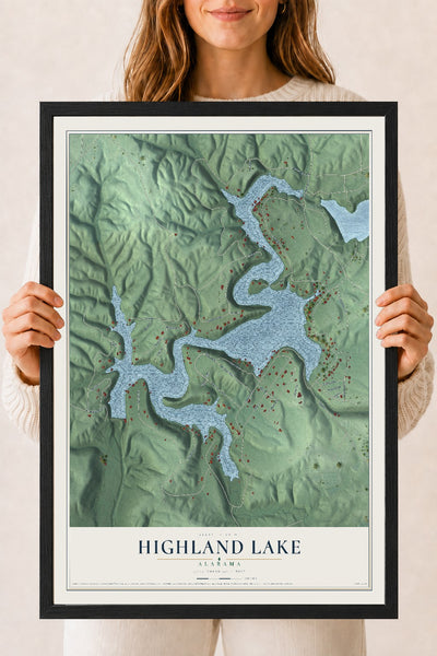 Map of Highland Lake, Alabama, 18 x 24 inch print in a black wood frame