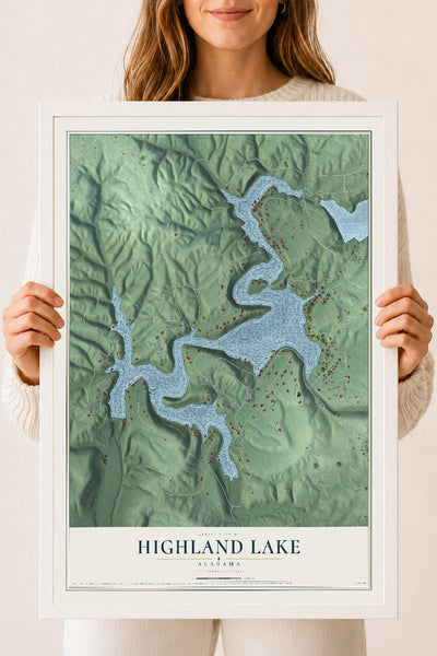 Map of Highland Lake, Alabama, 18 x 24 inch print in a white wood frame