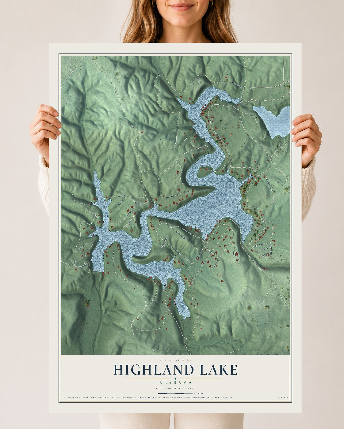 Map of Highland Lake, Alabama, 24 x 36 inch unframed archival matte print