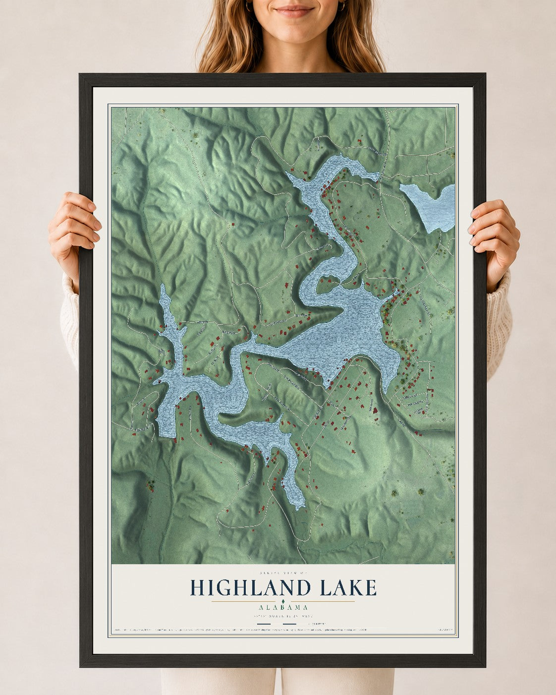 Map of Highland Lake, Alabama, 24 x 36 inch print in a black wood frame