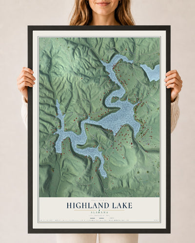 Map of Highland Lake, Alabama, 24 x 36 inch print in a black wood frame