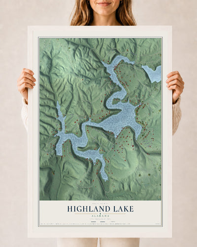 Map of Highland Lake, Alabama, 24 x 36 inch print in a white wood frame