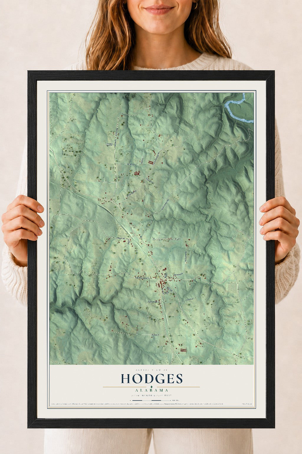 Map of Hodges, Alabama, 18 x 24 inch print in a black wood frame