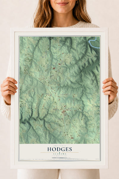 Map of Hodges, Alabama, 18 x 24 inch print in a white wood frame