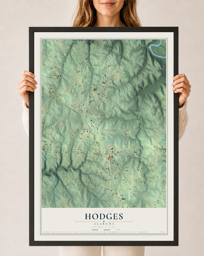 Map of Hodges, Alabama, 24 x 36 inch print in a black wood frame