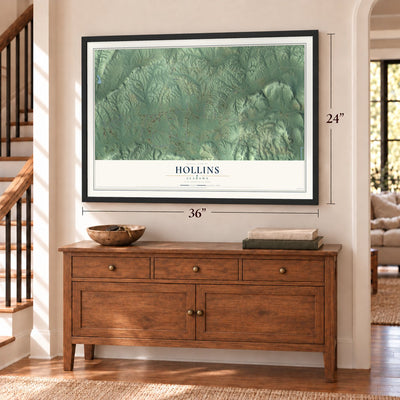 Hollins, Alabama map, 24 x 36 inch print in a black frame above a dresser by a staircase