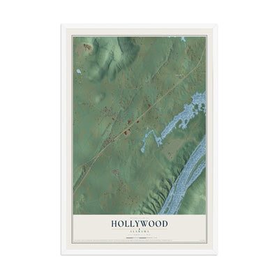 Map of Hollywood, Alabama, 12 x 18 inch print in a white wood frame