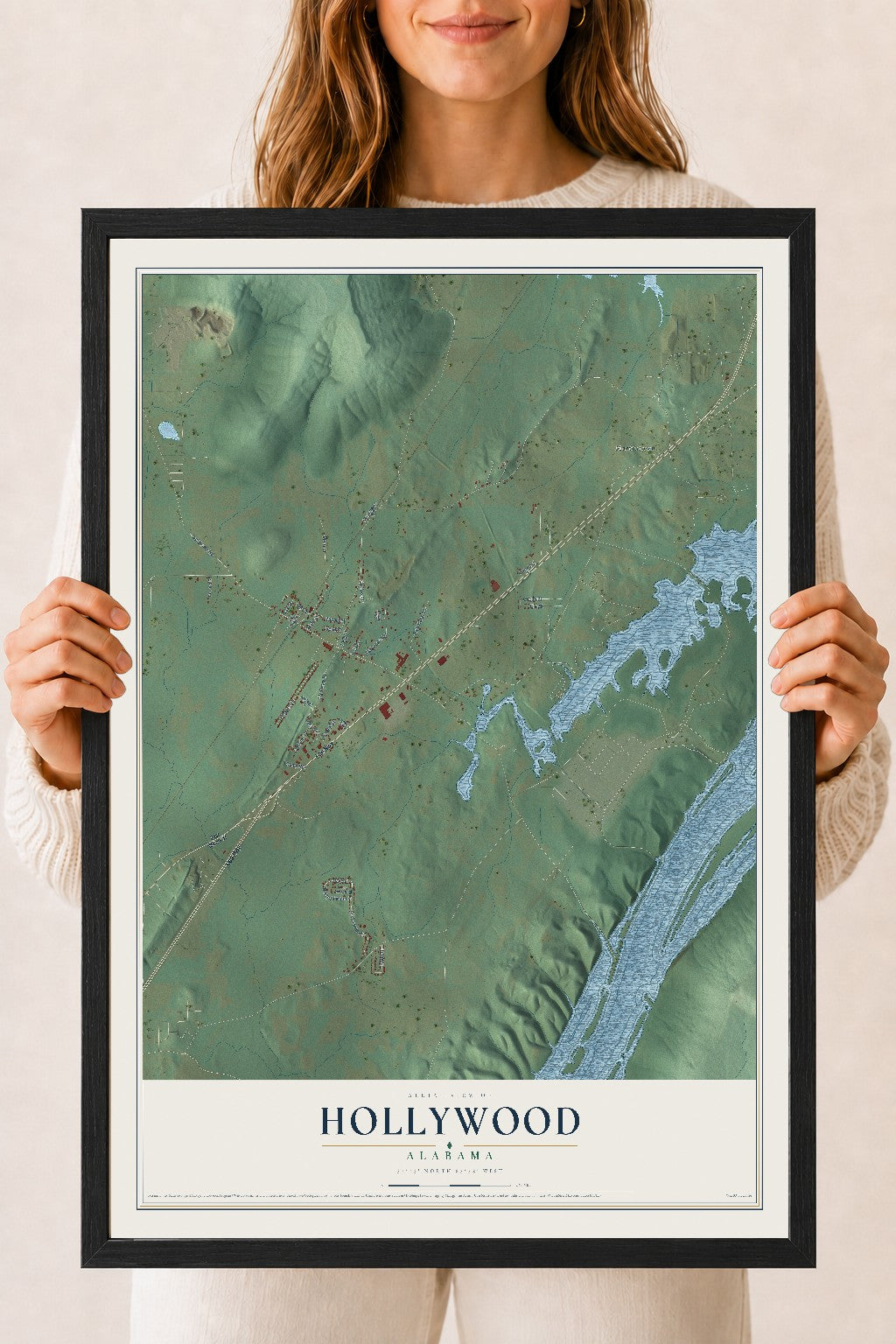 Map of Hollywood, Alabama, 18 x 24 inch print in a black wood frame