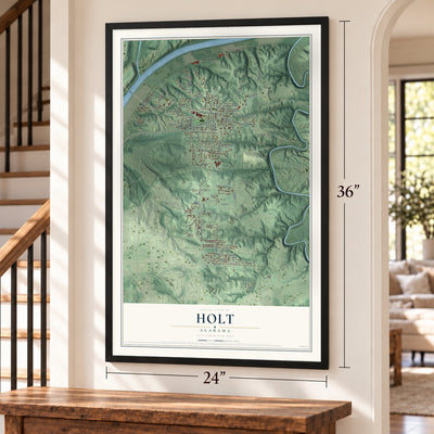 Holt, Alabama map, 24 x 36 inch print in a black frame by a staircase