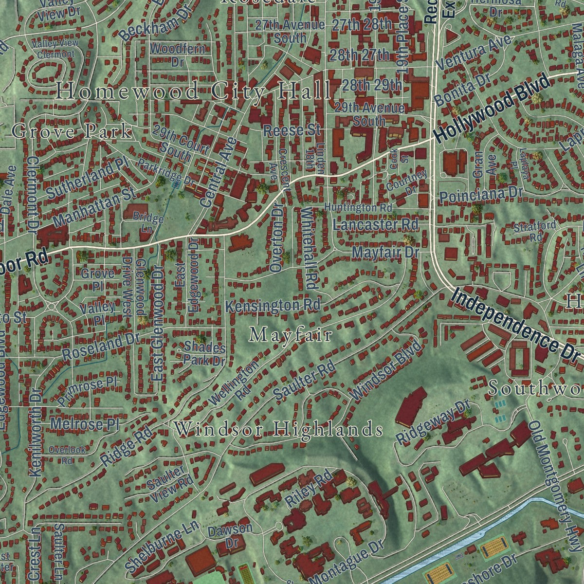 Close-up of the map of Homewood, Alabama print showing street and building detail