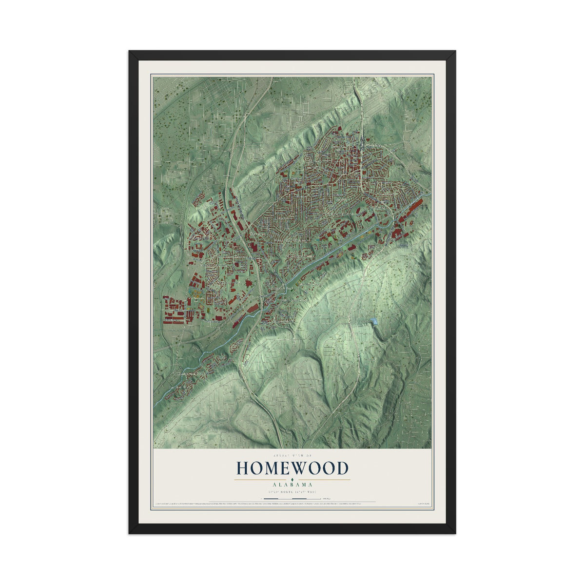 Map of Homewood, Alabama, 12 x 18 inch print in a black wood frame
