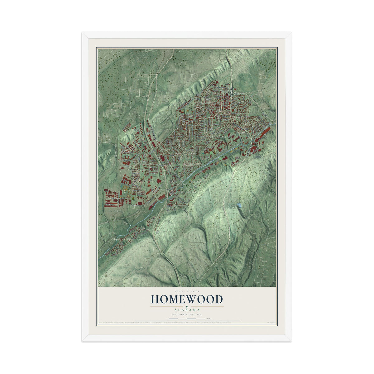 Map of Homewood, Alabama, 12 x 18 inch print in a white wood frame