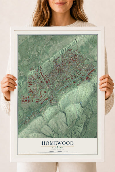 Map of Homewood, Alabama, 18 x 24 inch print in a white wood frame