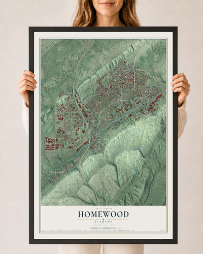 Map of Homewood, Alabama, 24 x 36 inch print in a black wood frame