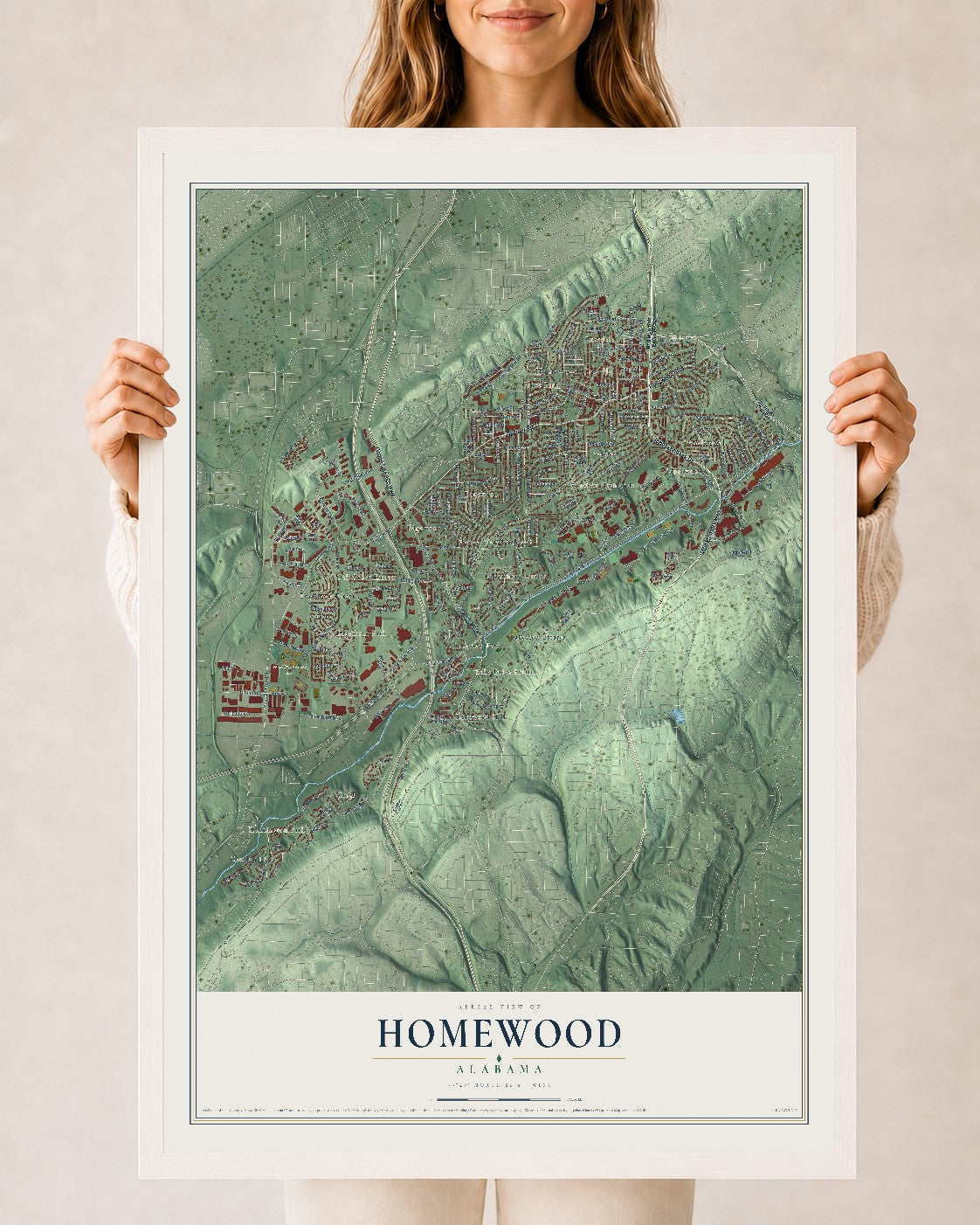Map of Homewood, Alabama, 24 x 36 inch print in a white wood frame