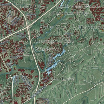 Close-up of the map of Hoover, Alabama print showing street and building detail