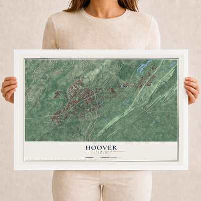 Map of Hoover, Alabama, 12 x 18 inch print in a white wood frame