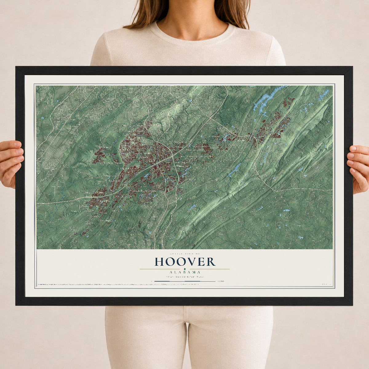Map of Hoover, Alabama, 18 x 24 inch print in a black wood frame