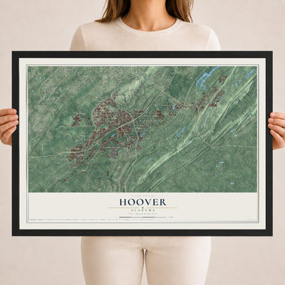 Map of Hoover, Alabama, 18 x 24 inch print in a black wood frame