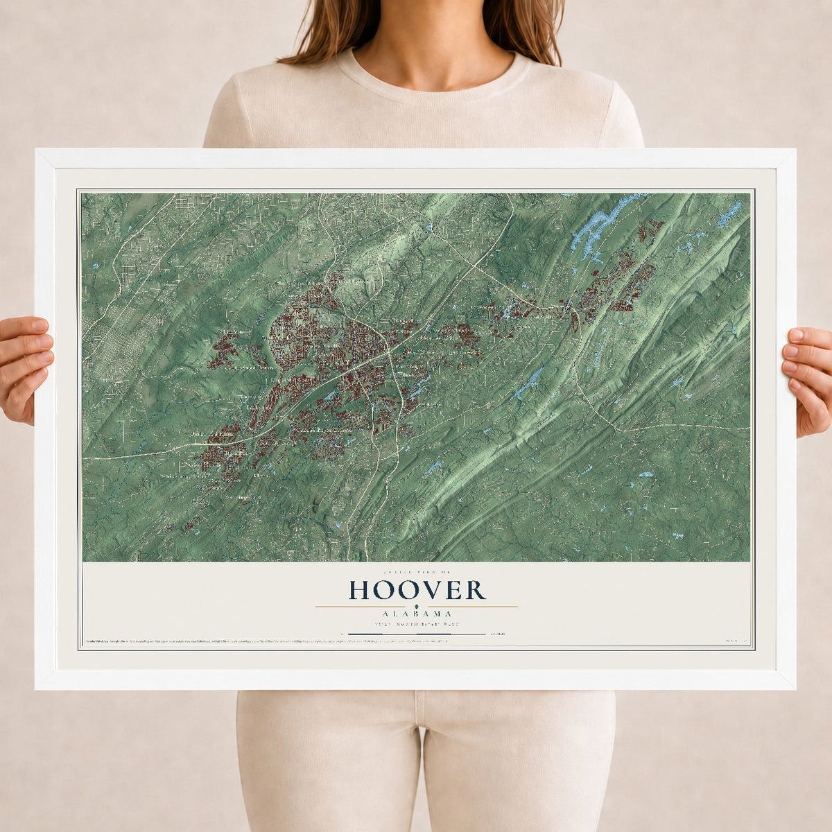 Map of Hoover, Alabama, 18 x 24 inch print in a white wood frame