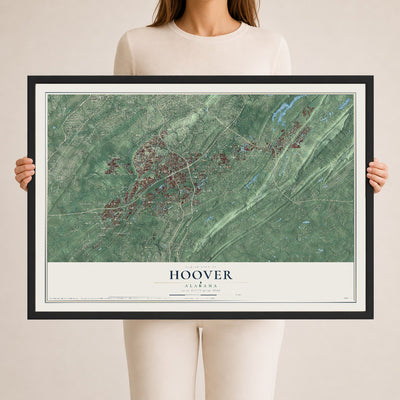 Map of Hoover, Alabama, 24 x 36 inch print in a black wood frame