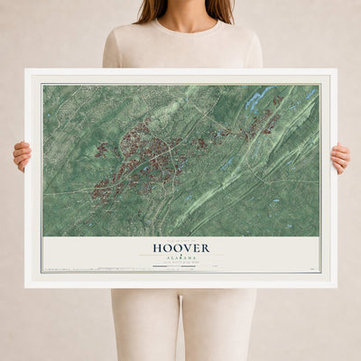 Map of Hoover, Alabama, 24 x 36 inch print in a white wood frame