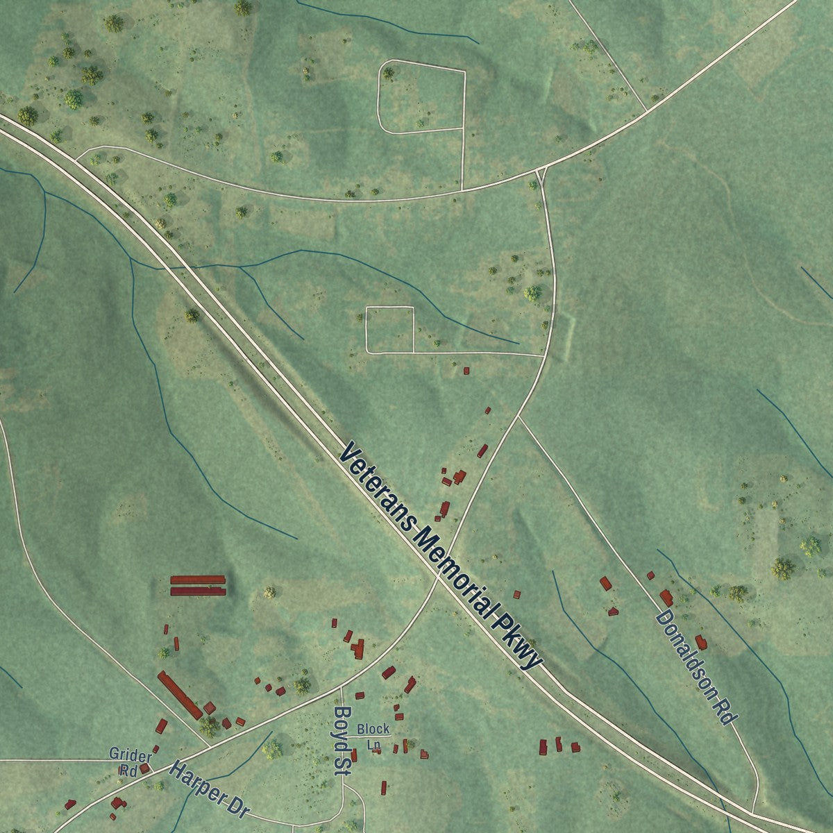 Close-up of the map of Horn Hill, Alabama print showing street and building detail
