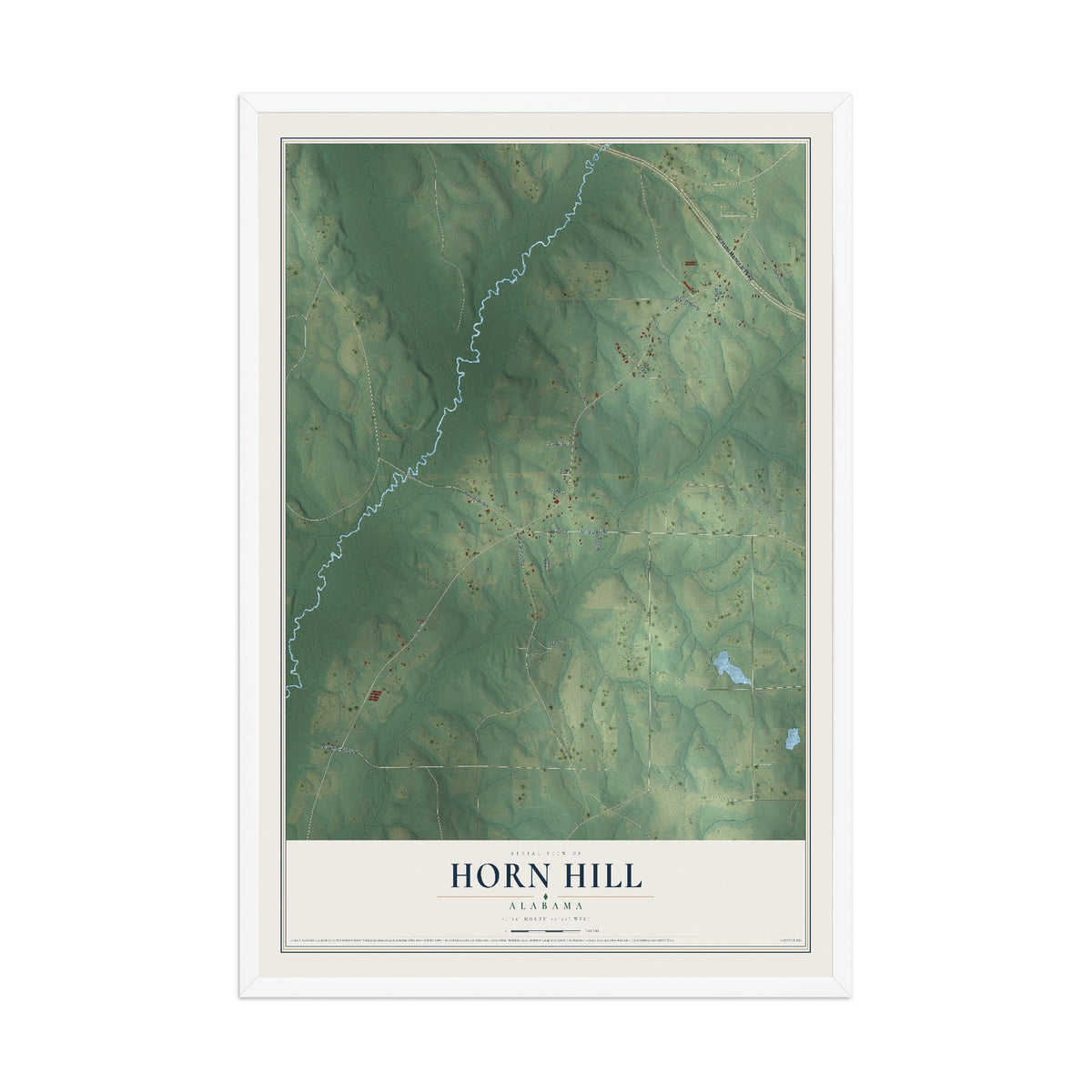 Map of Horn Hill, Alabama, 12 x 18 inch print in a white wood frame