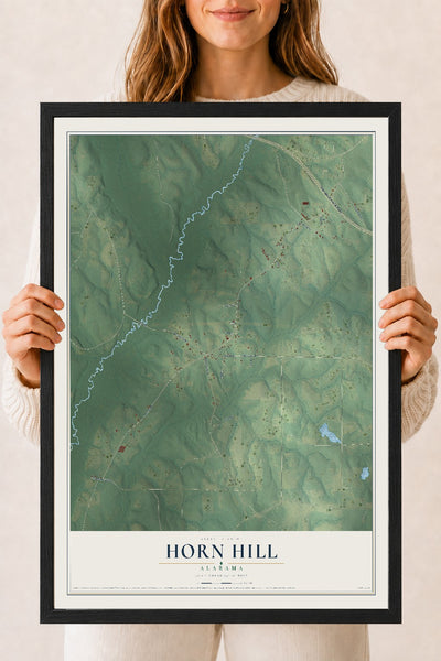 Map of Horn Hill, Alabama, 18 x 24 inch print in a black wood frame