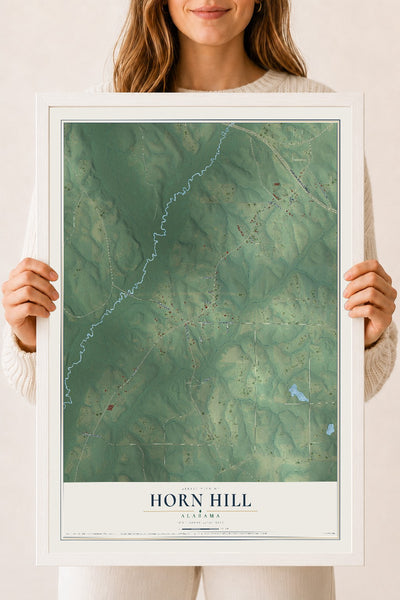 Map of Horn Hill, Alabama, 18 x 24 inch print in a white wood frame