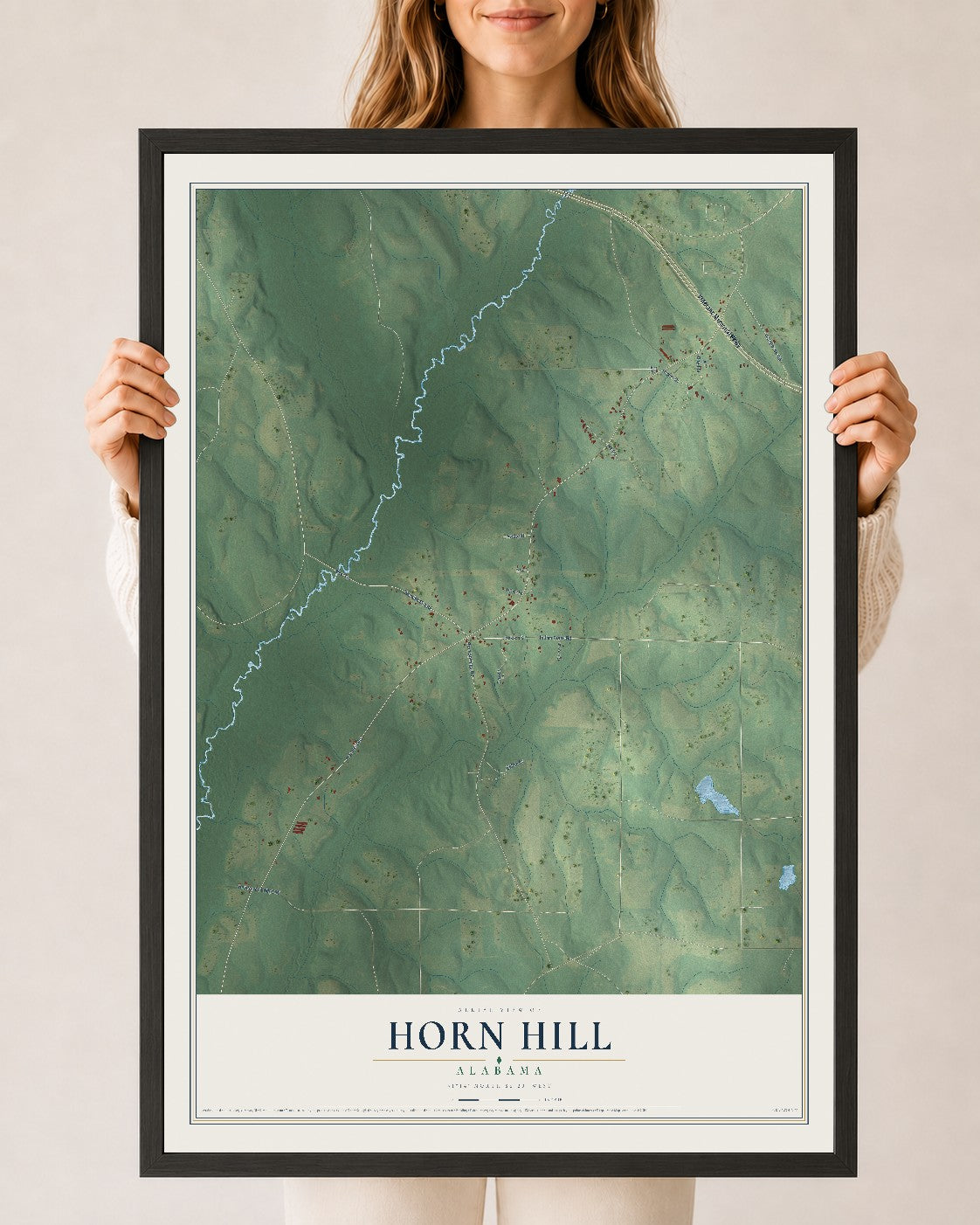 Map of Horn Hill, Alabama, 24 x 36 inch print in a black wood frame