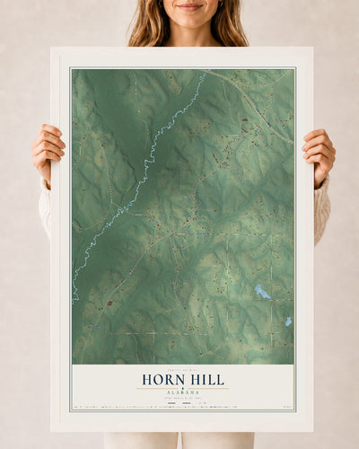 Map of Horn Hill, Alabama, 24 x 36 inch print in a white wood frame