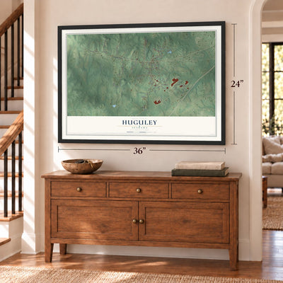 Huguley, Alabama map, 24 x 36 inch print in a black frame above a dresser by a staircase