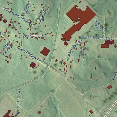 Close-up of the map of Huguley, Alabama print showing street and building detail