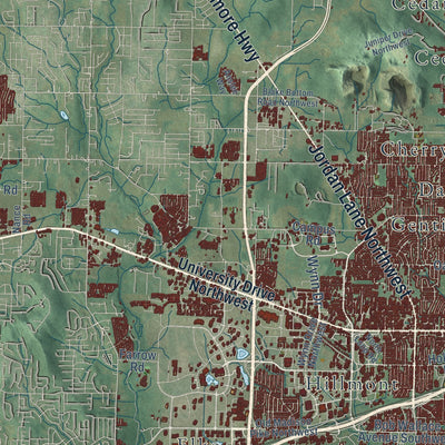 Close-up of the map of Huntsville, Alabama print showing street and building detail