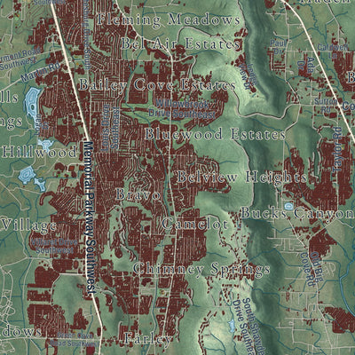 Second close-up of the map of Huntsville, Alabama print showing more streets and buildings
