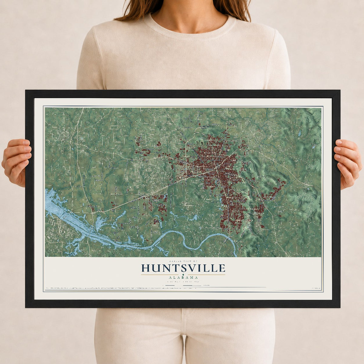 Map of Huntsville, Alabama, 12 x 18 inch print in a black wood frame