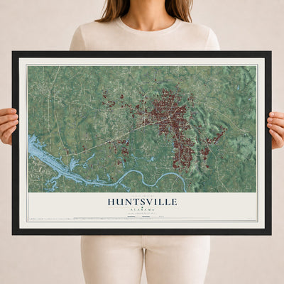Map of Huntsville, Alabama, 18 x 24 inch print in a black wood frame