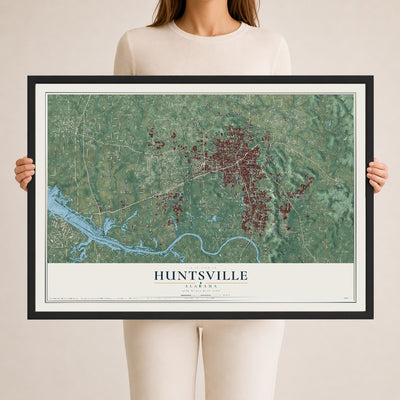 Map of Huntsville, Alabama, 24 x 36 inch print in a black wood frame