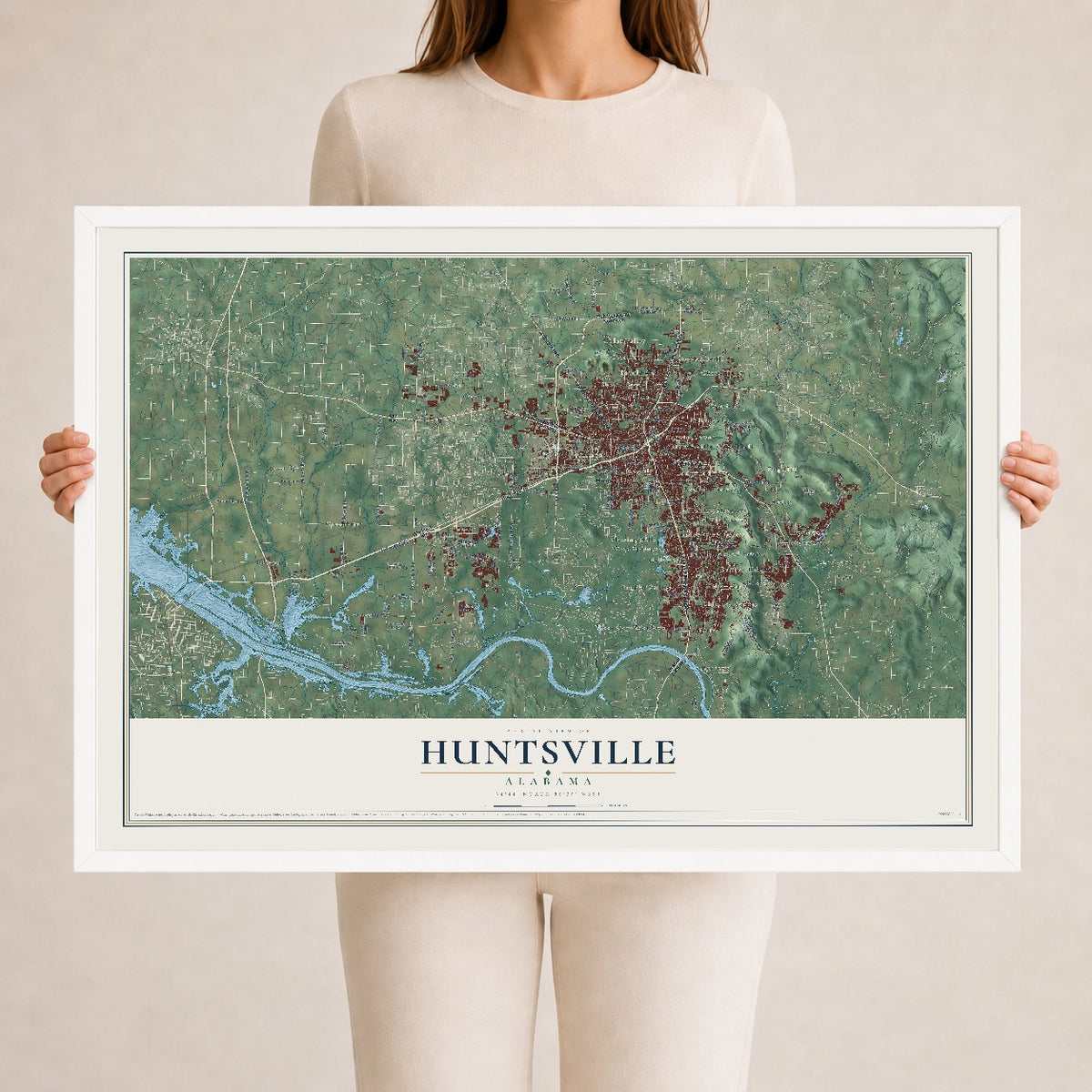 Map of Huntsville, Alabama, 24 x 36 inch print in a white wood frame