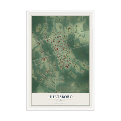Map of Hurtsboro, Alabama, 12 x 18 inch print in a white wood frame