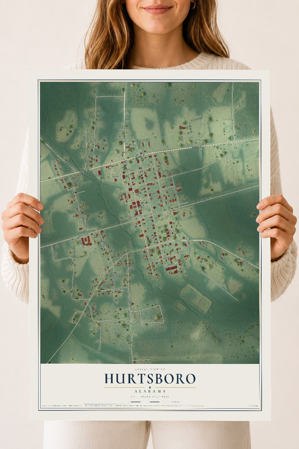 Map of Hurtsboro, Alabama, 18 x 24 inch unframed archival matte print