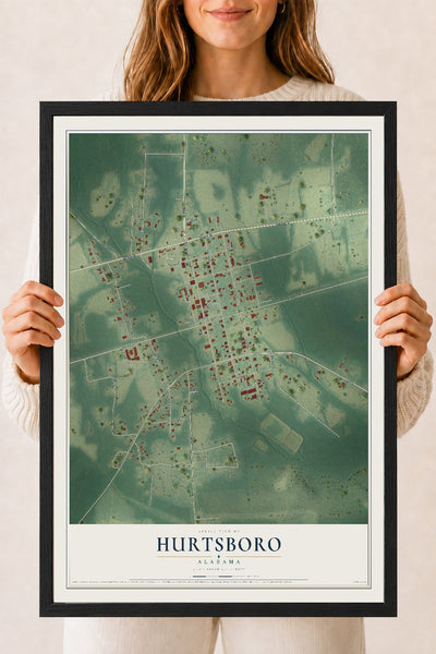 Map of Hurtsboro, Alabama, 18 x 24 inch print in a black wood frame