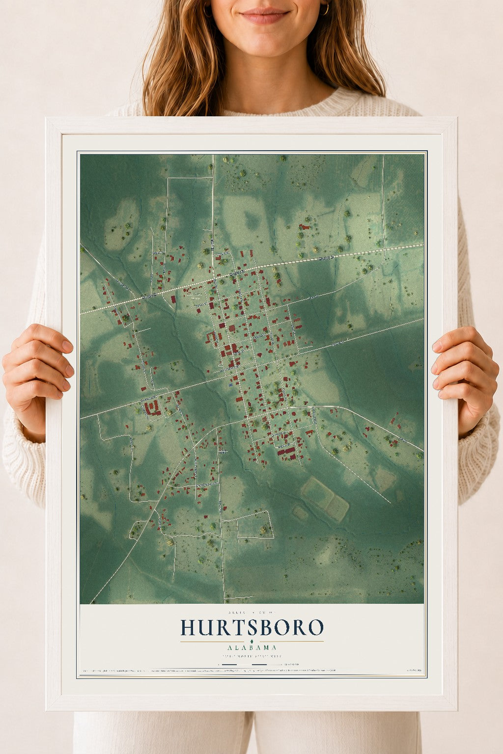 Map of Hurtsboro, Alabama, 18 x 24 inch print in a white wood frame