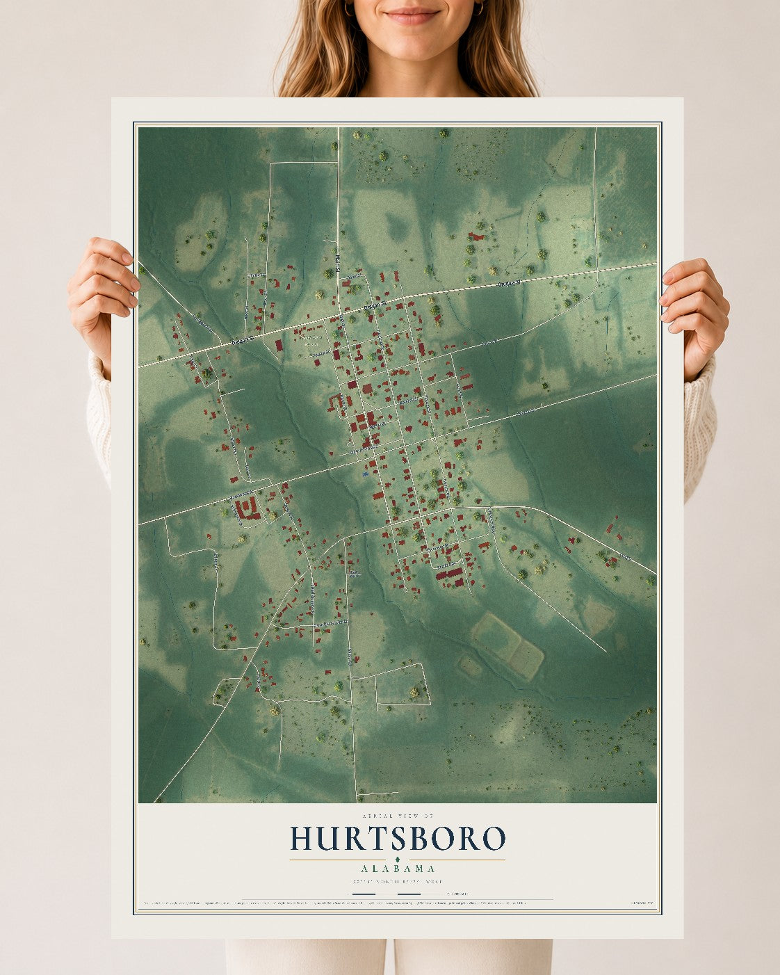 Map of Hurtsboro, Alabama, 24 x 36 inch unframed archival matte print