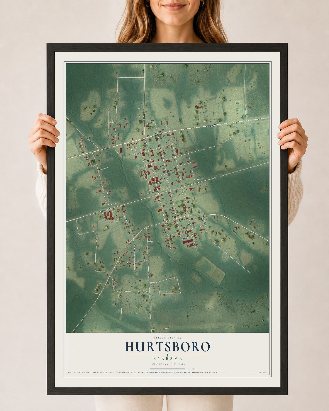 Map of Hurtsboro, Alabama, 24 x 36 inch print in a black wood frame