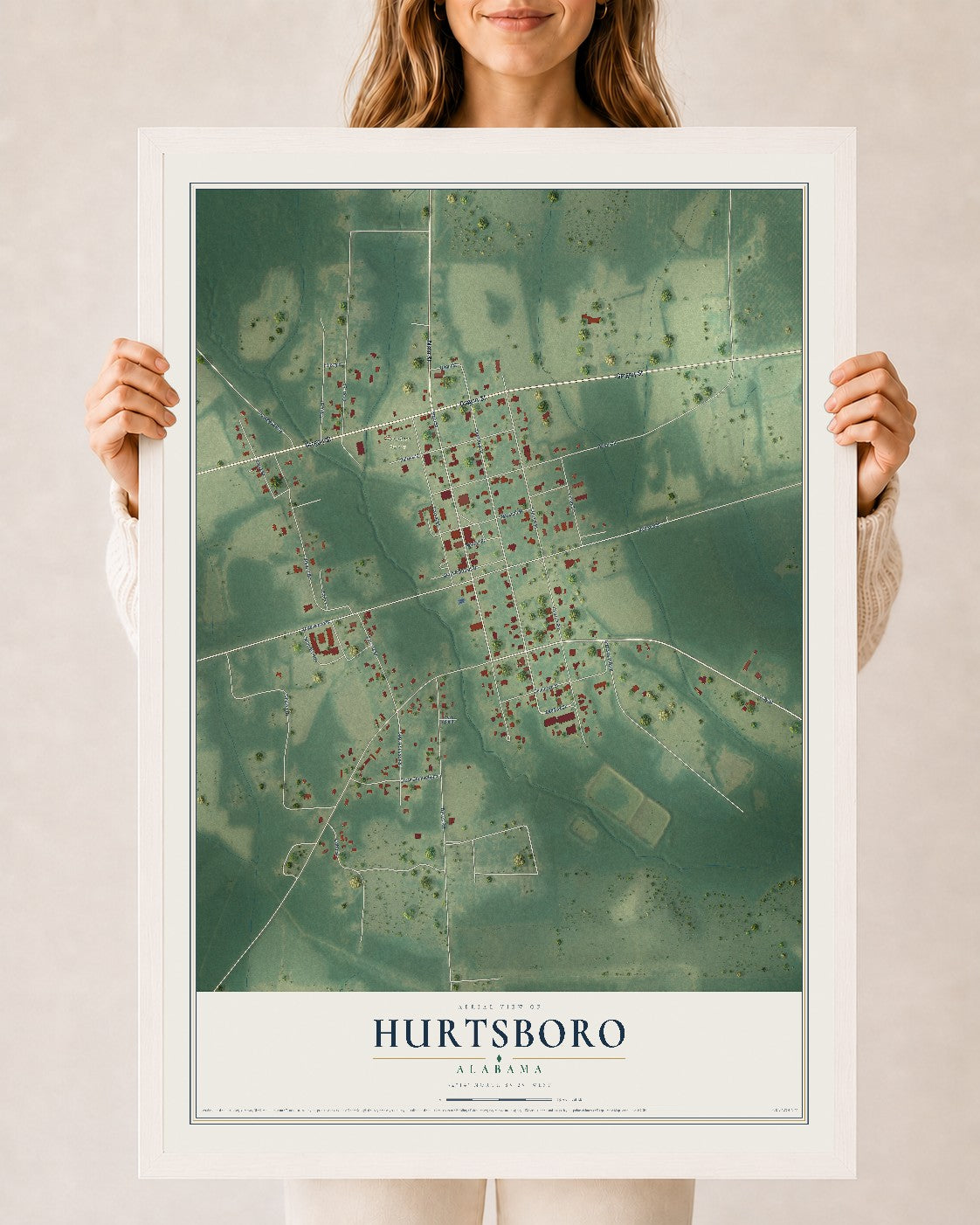 Map of Hurtsboro, Alabama, 24 x 36 inch print in a white wood frame
